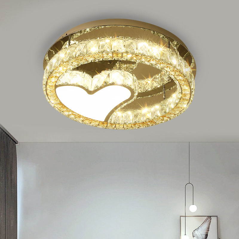Plafonnier LED moderne en forme de cœur avec blocs de cristal transparents et finition en acier inoxydable - 18"/19,5" de large