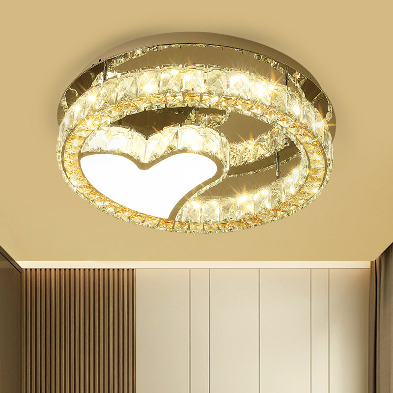 Plafonnier LED moderne en forme de cœur avec blocs de cristal transparents et finition en acier inoxydable - 18"/19,5" de large