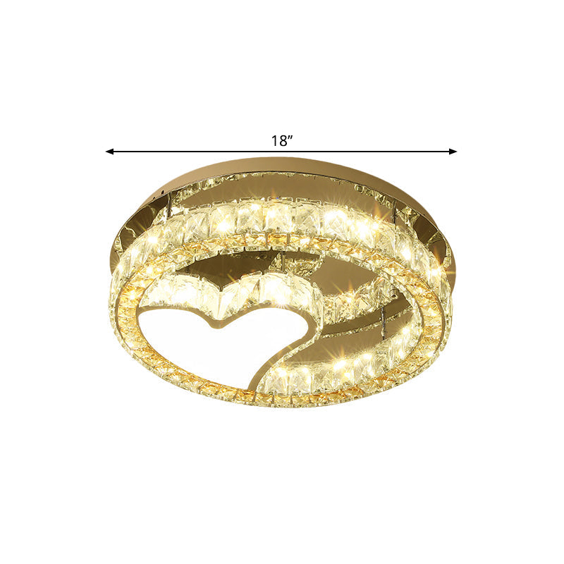 Plafonnier LED moderne en forme de cœur avec blocs de cristal transparents et finition en acier inoxydable - 18"/19,5" de large