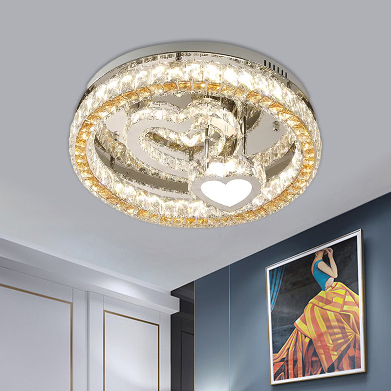 Plafonnier LED moderne en forme de cœur avec blocs de cristal transparents et finition en acier inoxydable - 18"/19,5" de large