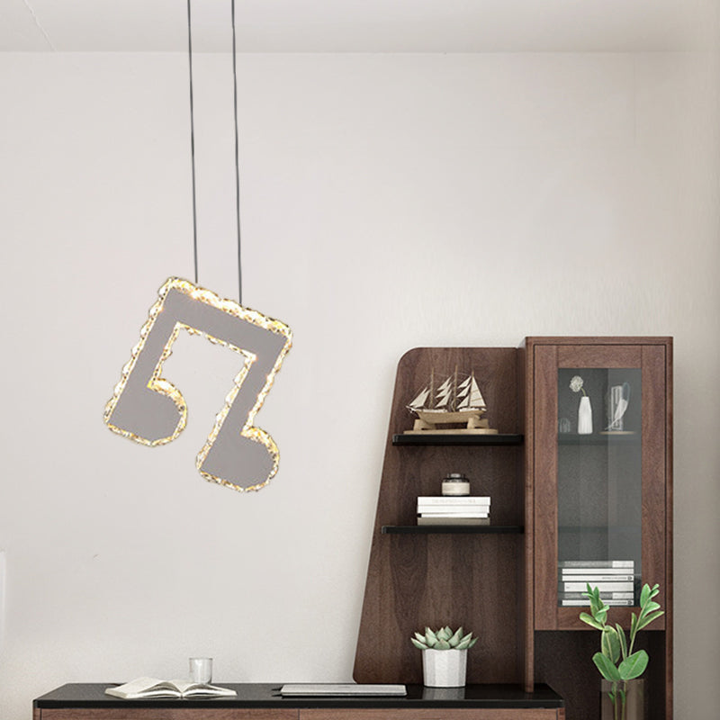 LED Music Note Pendant Light - Contemporary Stainless-Steel, Clear Cut Crystal, Mini Hanging Lamp