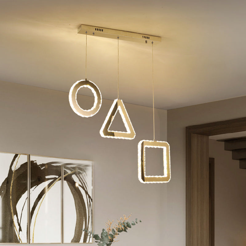 Contemporary LED Pendant Lighting with Clear Crystals and Stainless-Steel, Geometric Design, Linear/Round Canopy