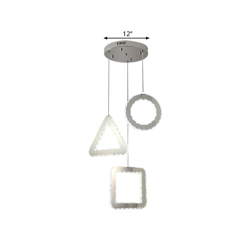 Contemporary LED Pendant Lighting with Clear Crystals and Stainless-Steel, Geometric Design, Linear/Round Canopy