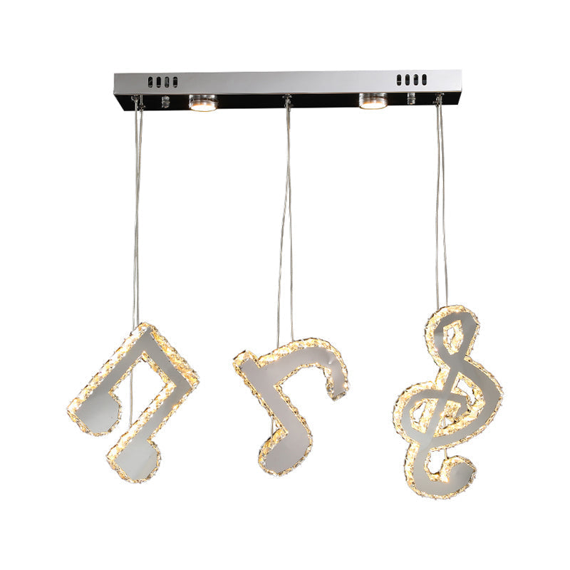 Modern Stainless Steel LED Pendant Light with Clear Crystals and Musical Note Suspension