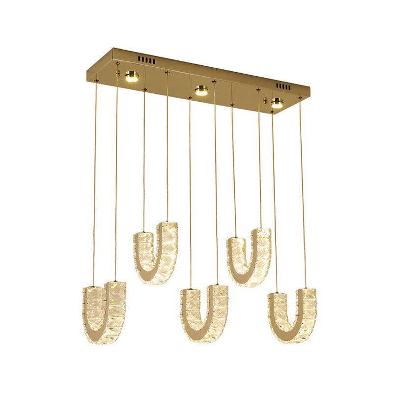 Modern LED U-Shape Pendant Lamp with Clear Crystals and Stainless Steel Finish