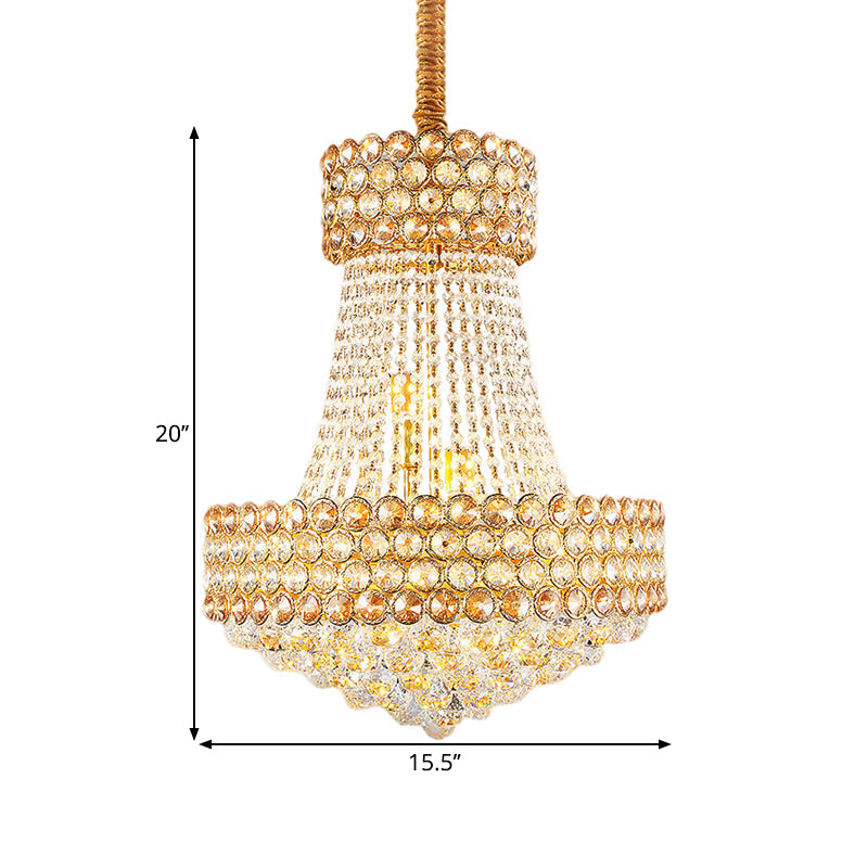 Lustre moderne en or avec abat-jour en cristal de verre biseauté - Focus sur le salon à 5/8 lumières