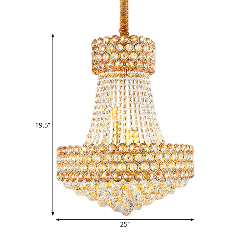 Lustre moderne en or avec abat-jour en cristal de verre biseauté - Focus sur le salon à 5/8 lumières