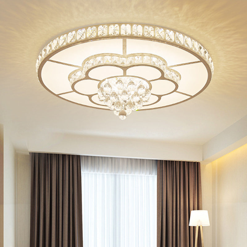 Contemporary Flower LED Ceiling Lamp with Faceted Crystal Flush Mount in White - 19.5"/23.5" Wide