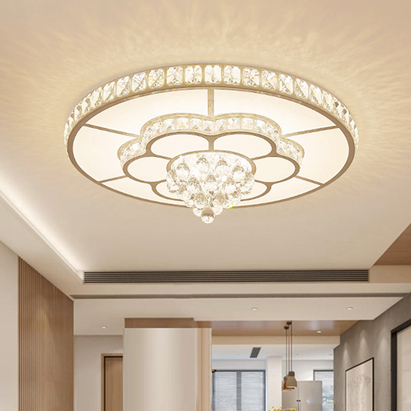 Contemporary Flower LED Ceiling Lamp with Faceted Crystal Flush Mount in White - 19.5"/23.5" Wide