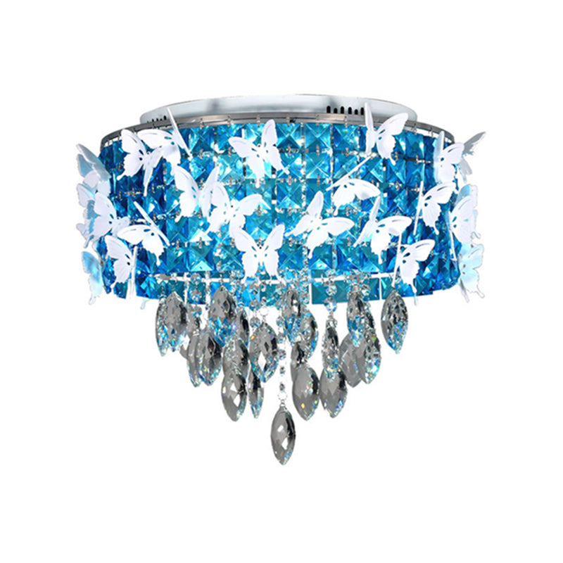 Contemporary Silver LED Ceiling Fixture with Clear, Amber & Blue Crystal Flush Mount and Butterfly Deco in Warm/White Light