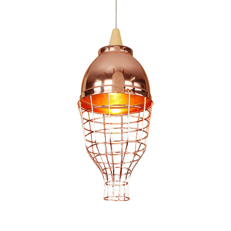 Vintage Rose Gold Pendant Light with Wire Cage - Metallic Shade for Living Room Ceiling