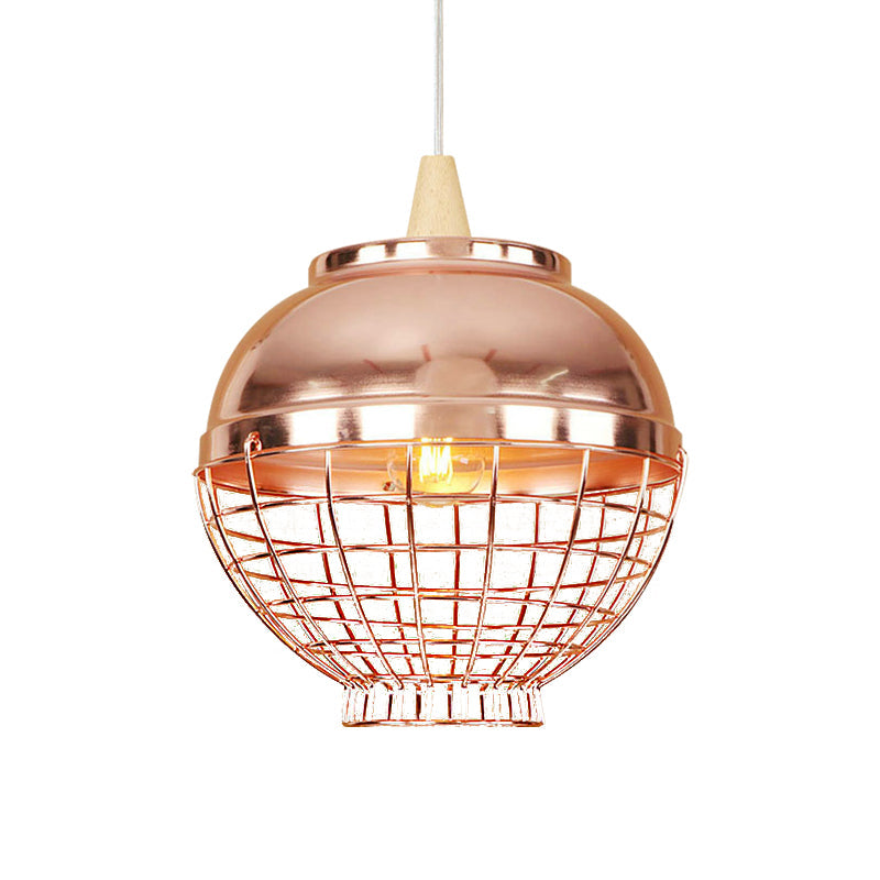 Vintage Rose Gold Pendant Light with Wire Cage - Metallic Shade for Living Room Ceiling