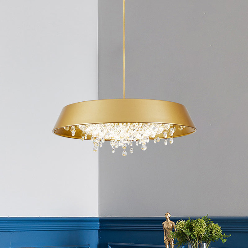 Modern Metal LED Hanging Lamp: Circular Tray Design with Crystal Drop & Down Lighting in Warm/White Light - Black/White/Gold
