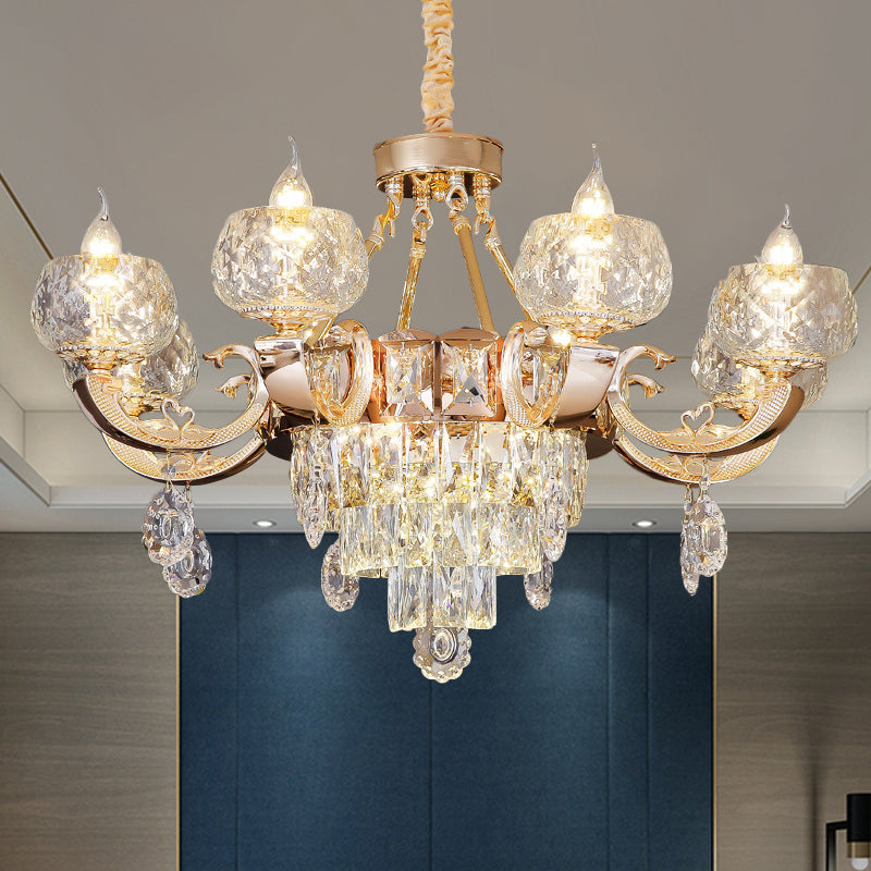 Lustre en cristal contemporain - Suspension en forme de goutte dorée à 6/8 ampoules avec abat-jour en forme de bol transparent et design en forme de bougie