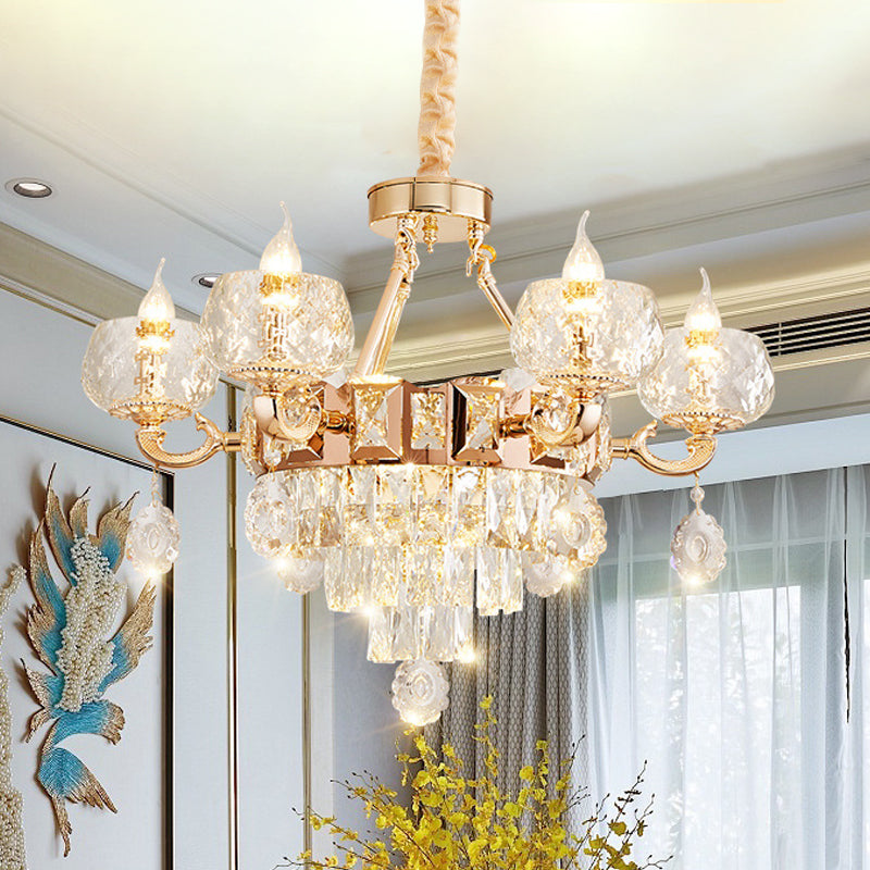 Lustre en cristal contemporain - Suspension en forme de goutte dorée à 6/8 ampoules avec abat-jour en forme de bol transparent et design en forme de bougie