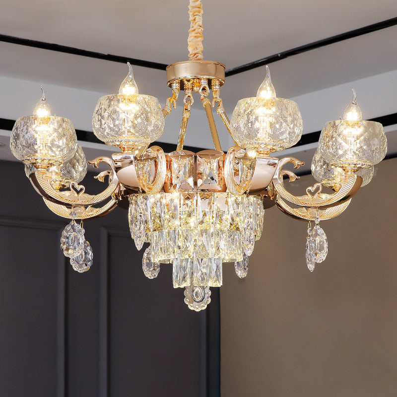 Lustre en cristal contemporain - Suspension en forme de goutte dorée à 6/8 ampoules avec abat-jour en forme de bol transparent et design en forme de bougie