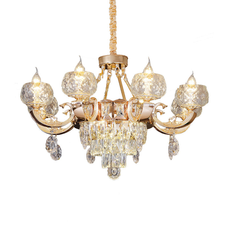 Lustre en cristal contemporain - Suspension en forme de goutte dorée à 6/8 ampoules avec abat-jour en forme de bol transparent et design en forme de bougie