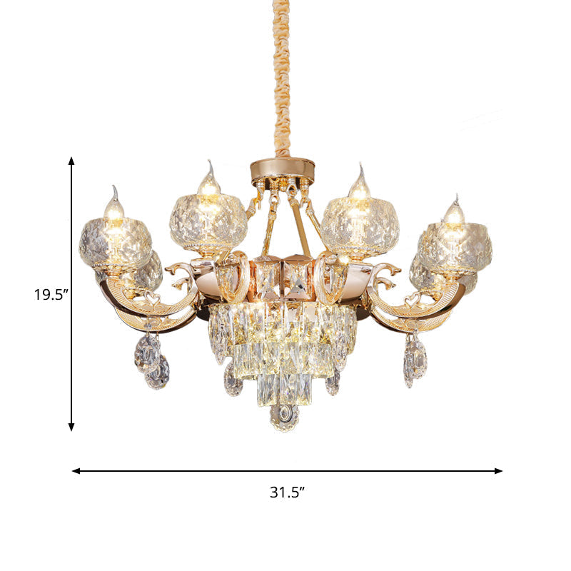 Lustre en cristal contemporain - Suspension en forme de goutte dorée à 6/8 ampoules avec abat-jour en forme de bol transparent et design en forme de bougie
