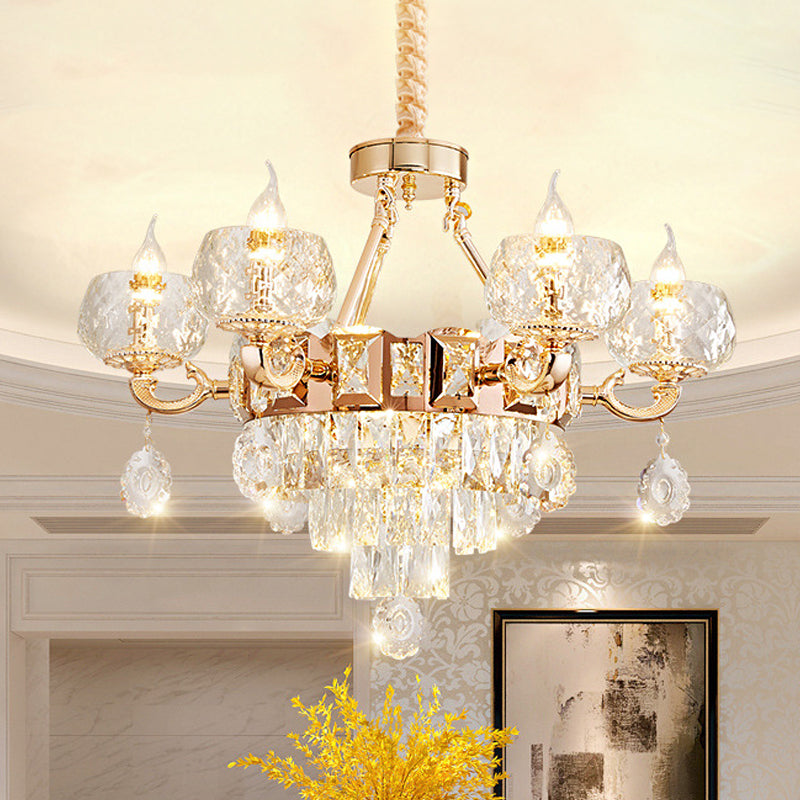 Lustre en cristal contemporain - Suspension en forme de goutte dorée à 6/8 ampoules avec abat-jour en forme de bol transparent et design en forme de bougie