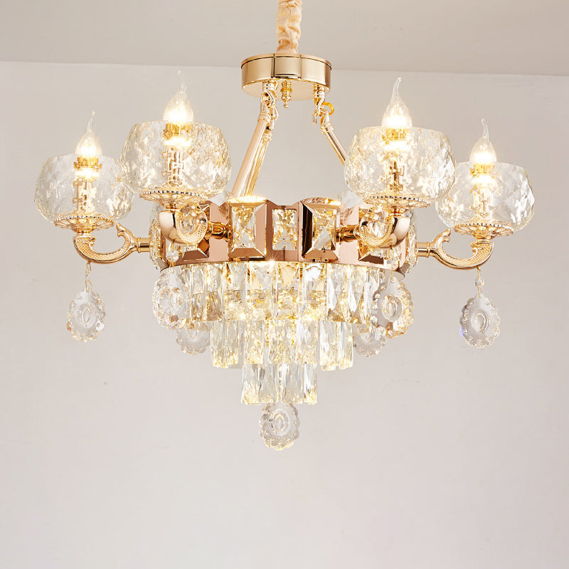Lustre en cristal contemporain - Suspension en forme de goutte dorée à 6/8 ampoules avec abat-jour en forme de bol transparent et design en forme de bougie