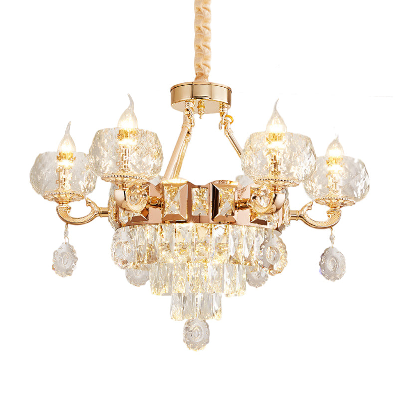 Lustre en cristal contemporain - Suspension en forme de goutte dorée à 6/8 ampoules avec abat-jour en forme de bol transparent et design en forme de bougie