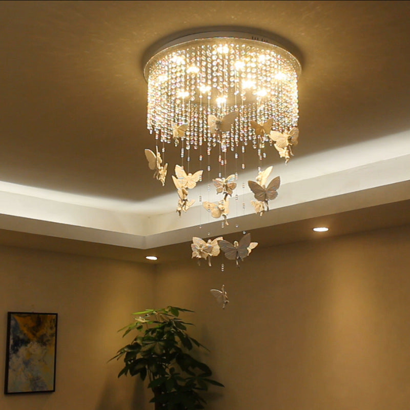Plafonnier contemporain à tambour avec brin de cristal transparent et éclairage de plafond LED argenté - 19,5"/23,5" W - Option lumière chaude/blanche - Butterfly Fairy Deco