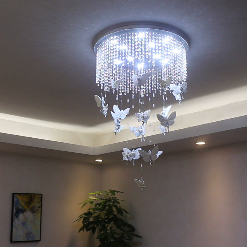 Plafonnier contemporain à tambour avec brin de cristal transparent et éclairage de plafond LED argenté - 19,5"/23,5" W - Option lumière chaude/blanche - Butterfly Fairy Deco