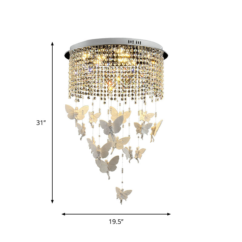 Plafonnier contemporain à tambour avec brin de cristal transparent et éclairage de plafond LED argenté - 19,5"/23,5" W - Option lumière chaude/blanche - Butterfly Fairy Deco
