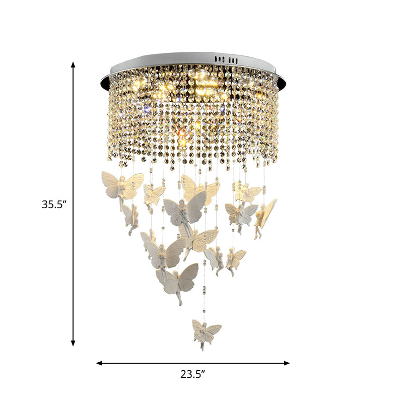 Plafonnier contemporain à tambour avec brin de cristal transparent et éclairage de plafond LED argenté - 19,5"/23,5" W - Option lumière chaude/blanche - Butterfly Fairy Deco