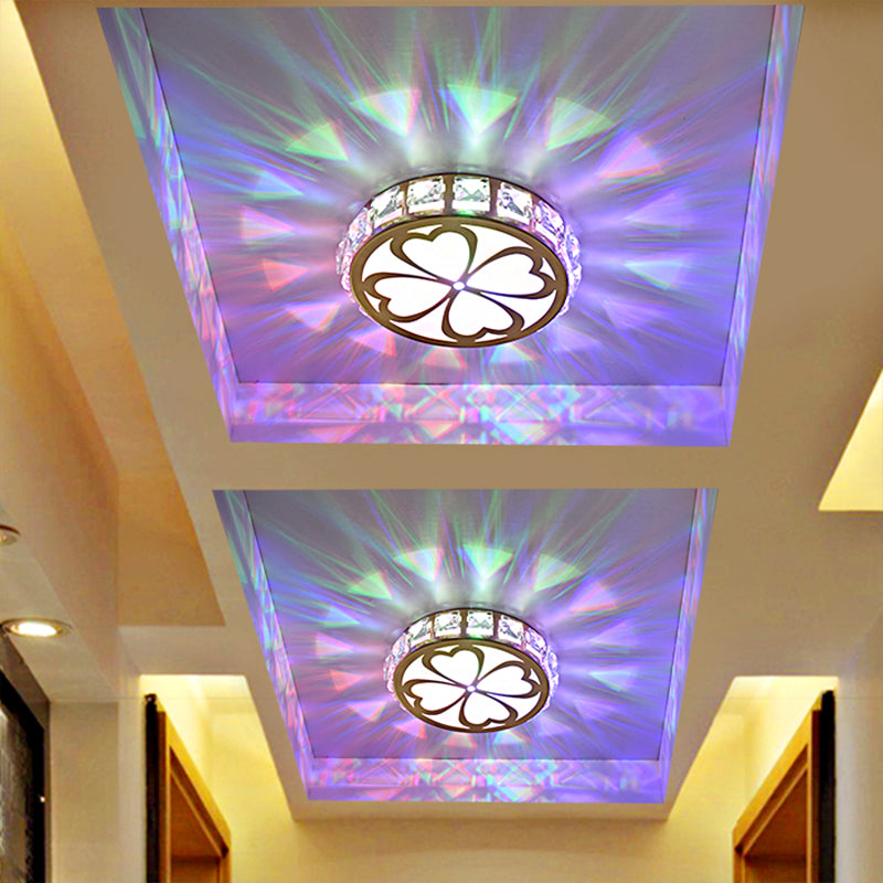 Modern Gold Flush Mount LED Ceiling Lamp with Clear Faceted Crystal, Clover Design, and Multi-Color Light