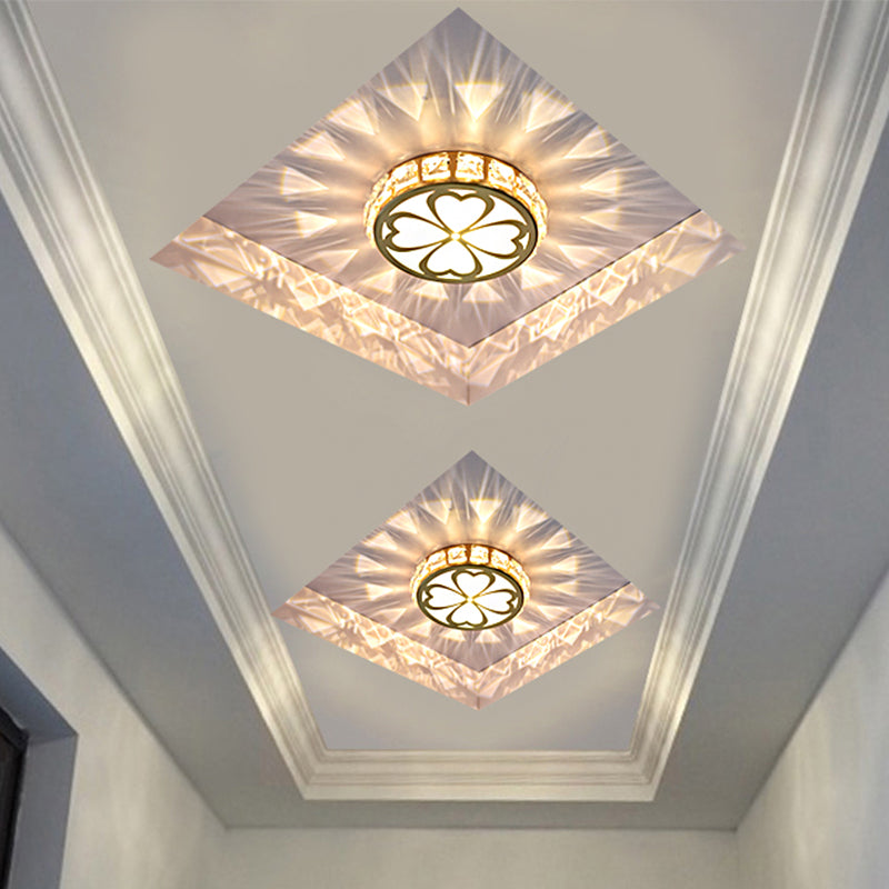 Modern Gold Flush Mount LED Ceiling Lamp with Clear Faceted Crystal, Clover Design, and Multi-Color Light