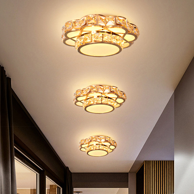 Plafonnier LED en cristal doré à motif floral avec lumière chaude/blanche