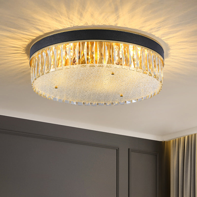 Plafonnier contemporain en cristal doré, têtes 3/4, forme de tambour à coupe rectangulaire, largeur 12"/16"