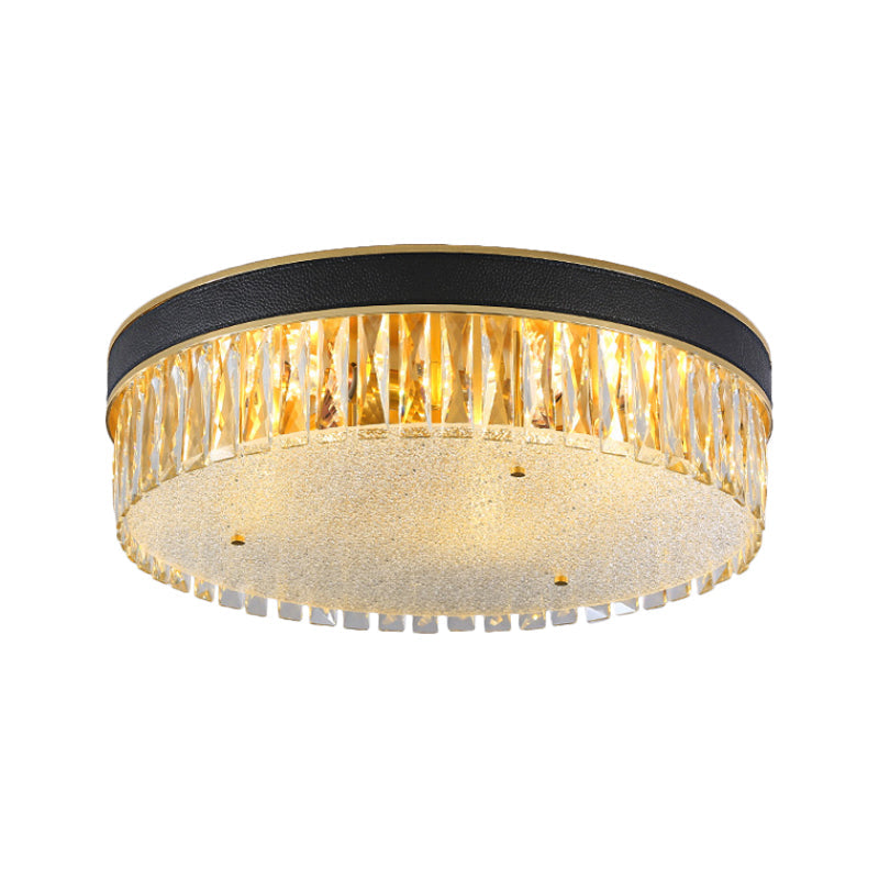Plafonnier contemporain en cristal doré, têtes 3/4, forme de tambour à coupe rectangulaire, largeur 12"/16"
