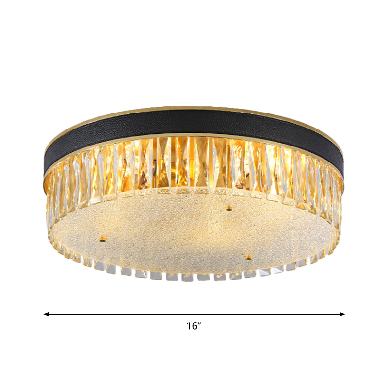 Plafonnier contemporain en cristal doré, têtes 3/4, forme de tambour à coupe rectangulaire, largeur 12"/16"