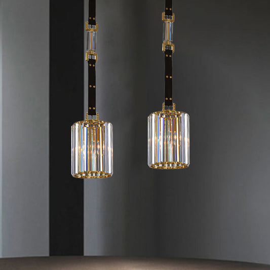Contemporary Black Cylinder LED Pendant Light with Clear Crystal Shade - 8"/12" Wide