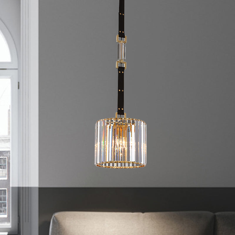 Contemporary Black Cylinder LED Pendant Light with Clear Crystal Shade - 8"/12" Wide