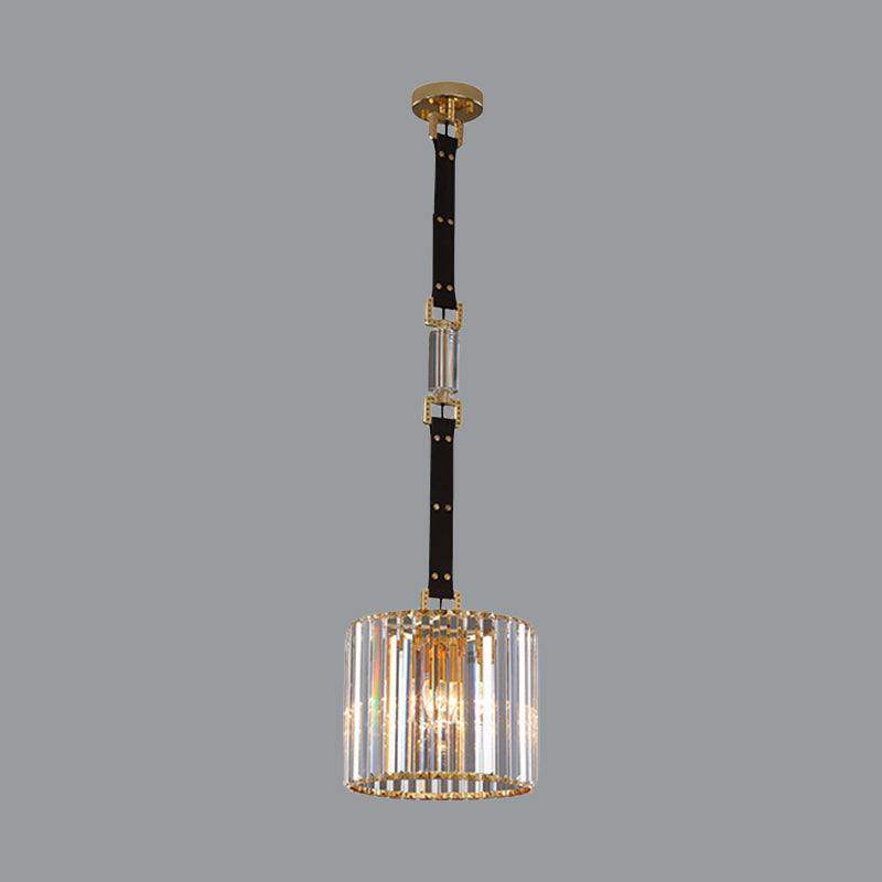 Contemporary Led Ceiling Pendant Light With Black Cylinder Shade & Clear Crystal 8/12 Wide