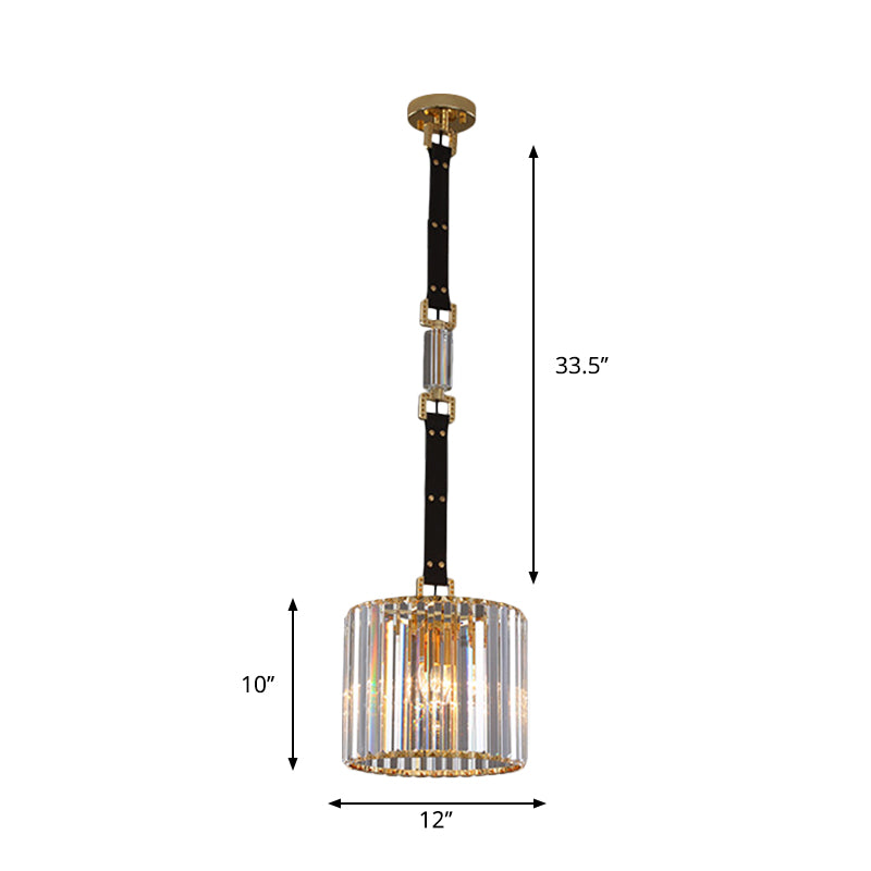 Contemporary Led Ceiling Pendant Light With Black Cylinder Shade & Clear Crystal 8/12 Wide