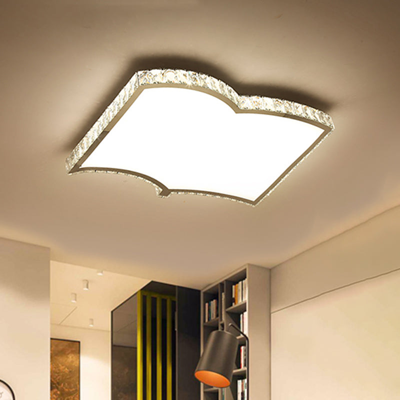 Contemporary Chrome LED Flush Mount Ceiling Lamp: Book-Shape Design, Crystal Cut, Ideal for Study Rooms - 19.5"/27.5" Wide