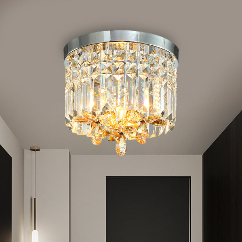 Chrome Cylinder Crystal LED Flush Light for Doorway - 10"/15.5" Wide