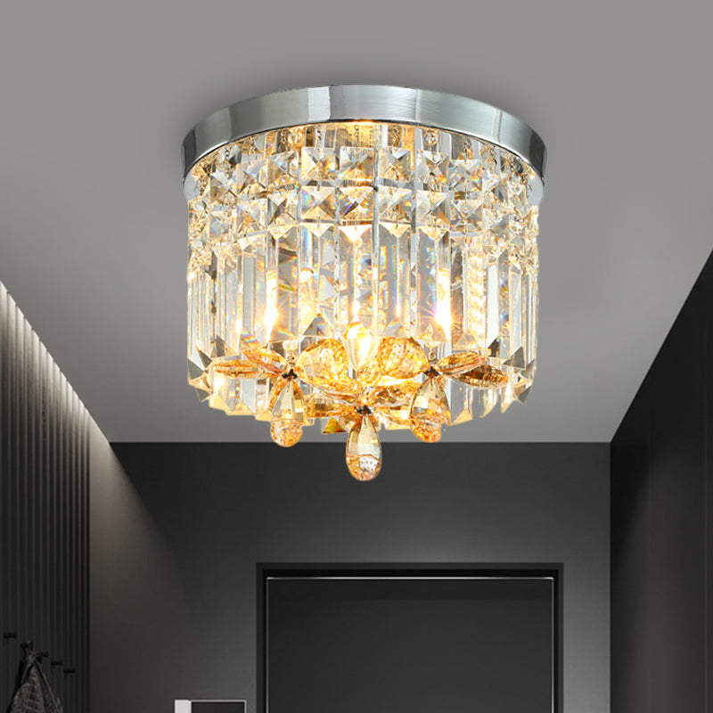 Chrome Cylinder Crystal LED Flush Light for Doorway - 10"/15.5" Wide