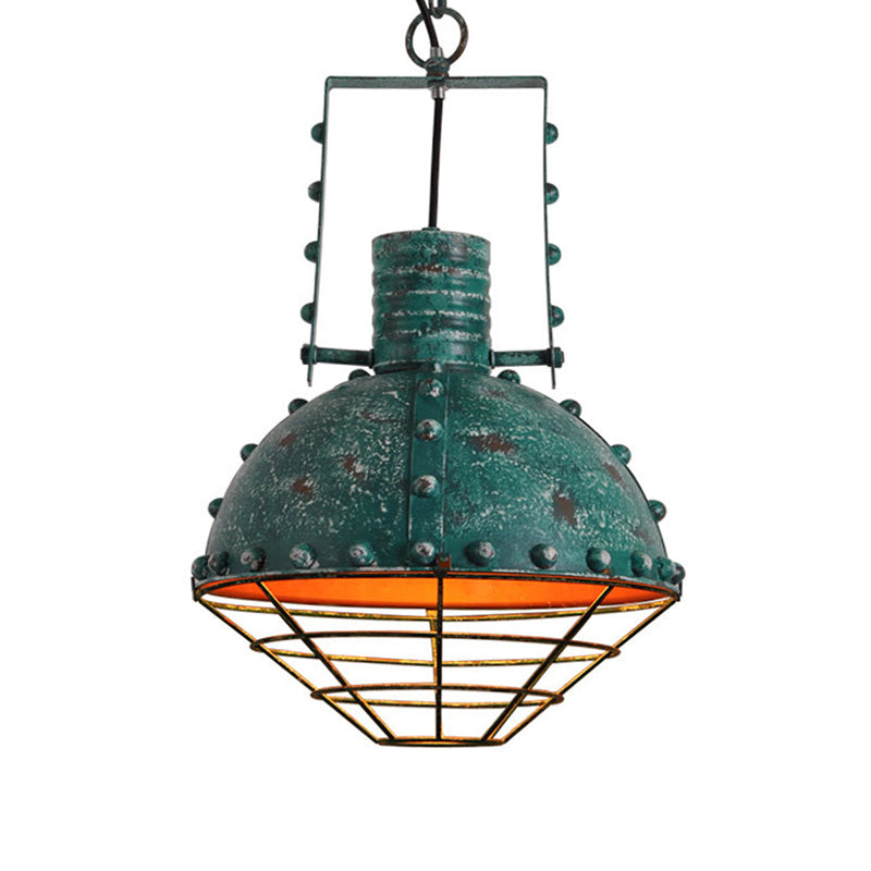 Metal Pendant Lamp With Domed Ceiling Hanging Design Wrought Iron Wire Guard Rivets - Black/Green