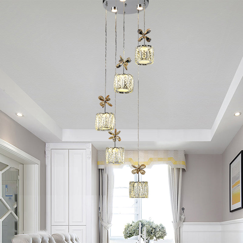 Chrome LED Multi Light Pendant with Faceted Crystal and Modern Cylinder Design for Dining Room - 13.5"/27.5" Wide