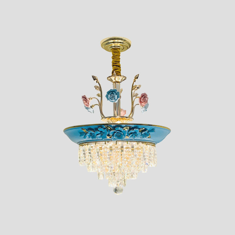Antiqued Tiers Chandelier - 14/17 W 2-Light Cut Crystal Handmade Rose Trim Blue/Beige