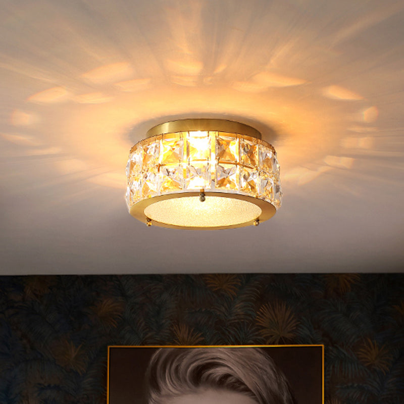 Postmodern Crystal Ceiling Light with Beveled Brass Finish - 2-Light Bedroom Flush Mount