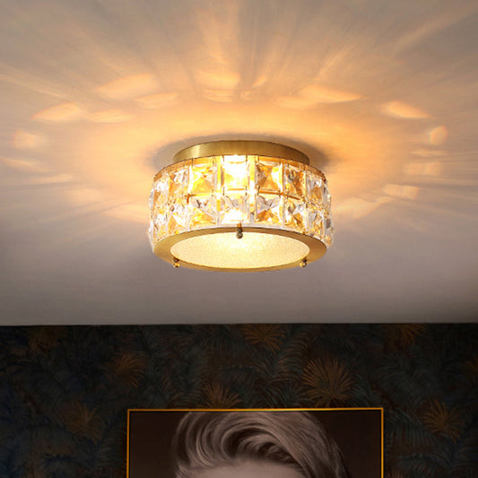 Postmodern Crystal Ceiling Light with Beveled Brass Finish - 2-Light Bedroom Flush Mount