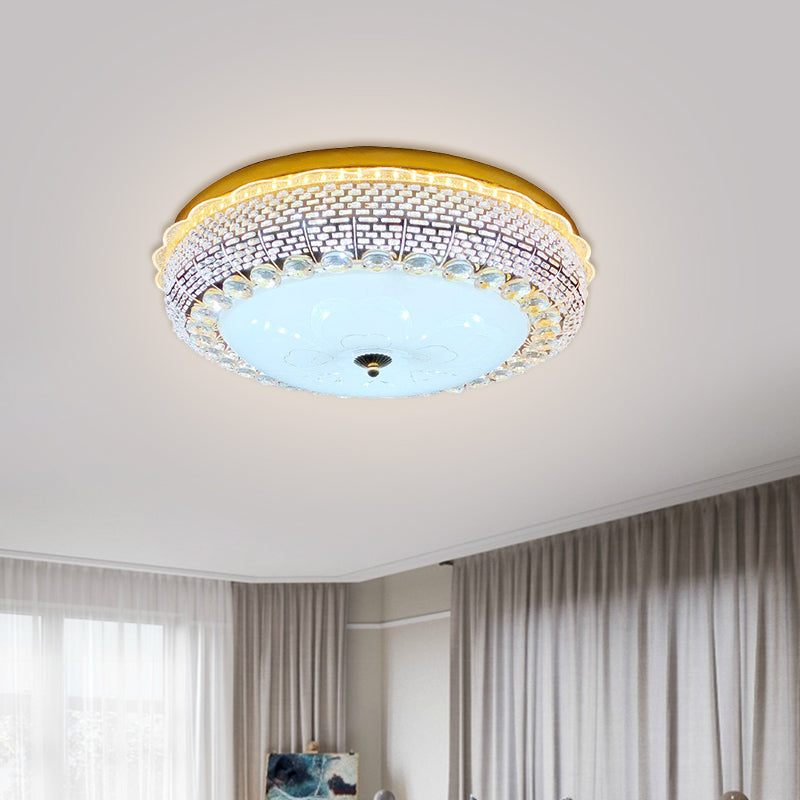 Modern Fishscale/Net Design Gold Drum LED Flushmount with Crystal Accents for Bedroom Ceiling