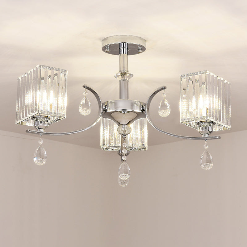 Contemporary Chrome Crystal Cuboid Ceiling Mount Chandelier - 3/6-Head Semi Flush Light