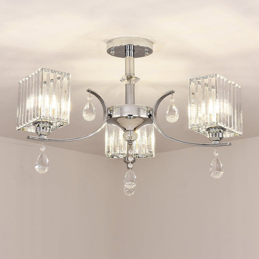 Contemporary Chrome Crystal Cuboid Ceiling Mount Chandelier - 3/6-Head Semi Flush Light